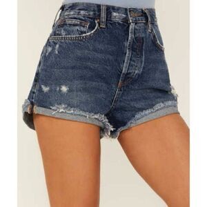 Free People Lasso Dark Wash Distressed High Rise Frayed Hem Shorts Size 26